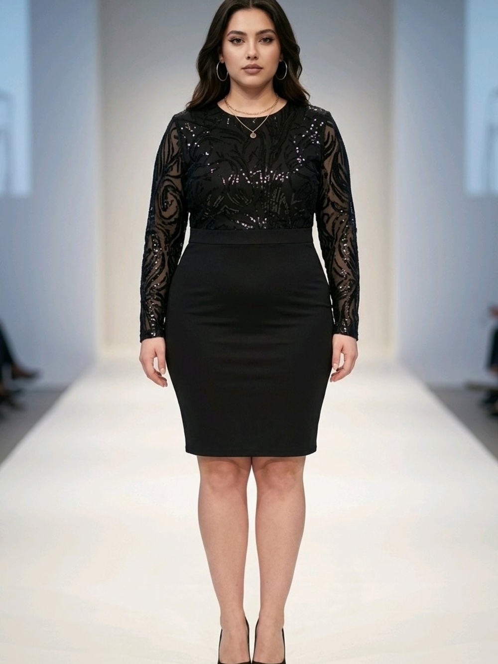 Black Sequin Mesh Sleeve Sheath Dress